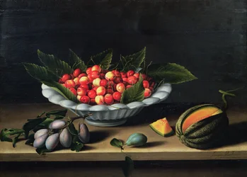 A Bowl of Cherries with Plums and a Melon, 1635